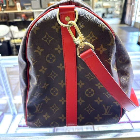Genuine Louis Vuitton Carry On Bag Red Monogram Canvas Keepall Bandouliere 50 - Picture 5 of 9